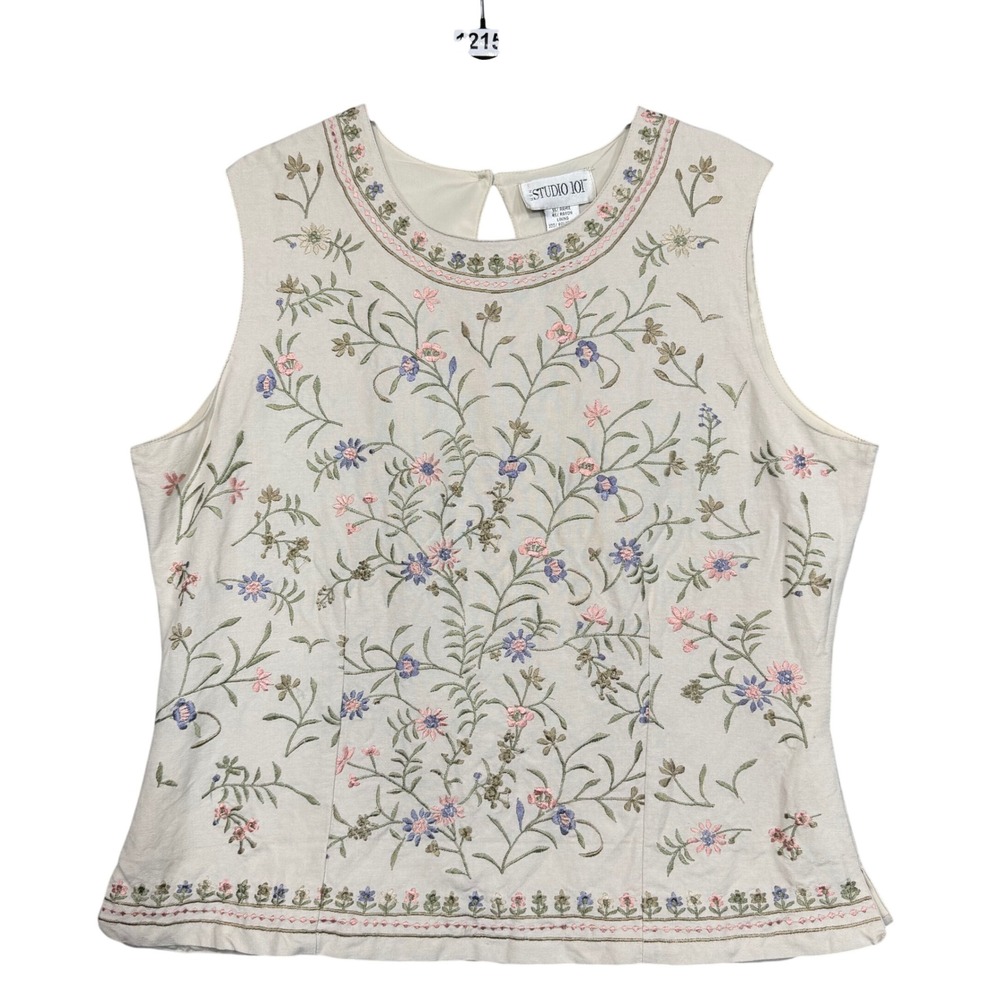 Studio 101 Embroidered Shell Top Women Large Cream Floral Sleeveless Art